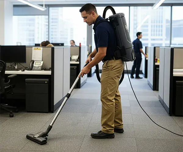 Rhino RV-BP1 backpack vacuum cleans in an office