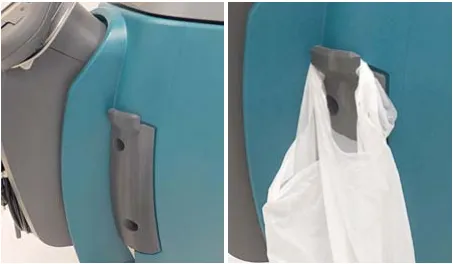 Two photos of the debris bag hook on the left side of the control console, empty and holding a bag