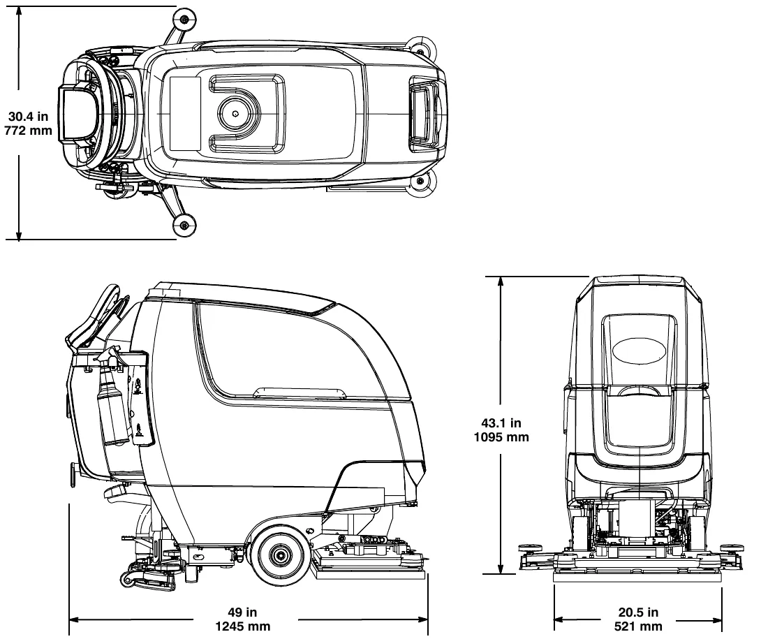 Dimension drawings of the orbital pad model: top view width 30.4 in, side view length 49 in, height 43.1 in and width 20.5 in