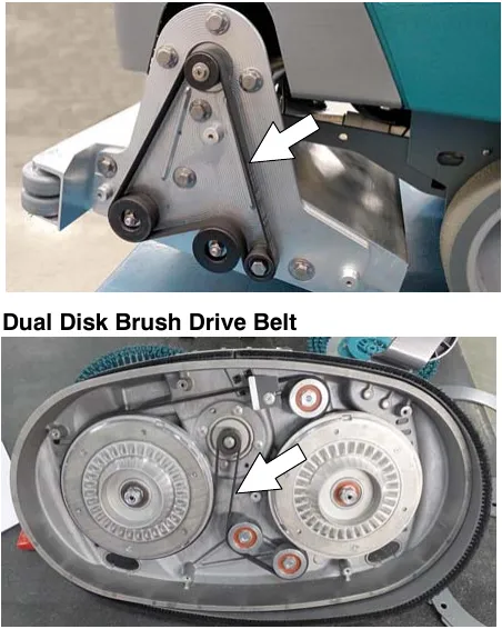 Two photos of drive belts with arrows pointing to them, the cylindrical brush drive belt and the dual disk brush drive belt