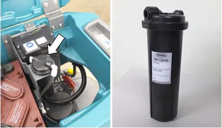 Two photos of the ec-H2O water conditioning cartridge, installed in the machine and removed
