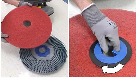 Two photos of a pad being attached to the pad driver and secured with the centerlock