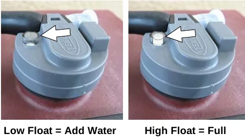 Two photos of the level indicator float on a battery cap, low float means add water and high float means full