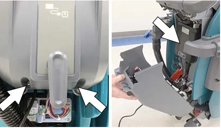 Two photos of the screws at the bottom of the control console and the cover being removed