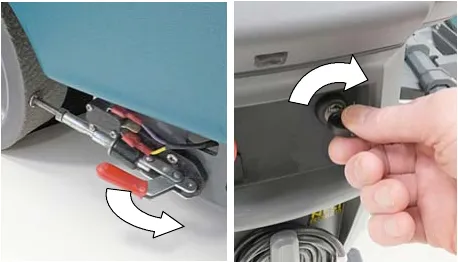 Two photos of releasing the parking brake lever and turning the key switch to on