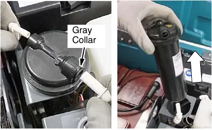 Two photos of the gray collars on the hose connectors and the cartridge being lifted out