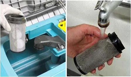Two photos of removing and rinsing the float shut-off screen