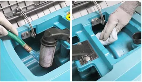 Two photos of rinsing and wiping out the recovery tank