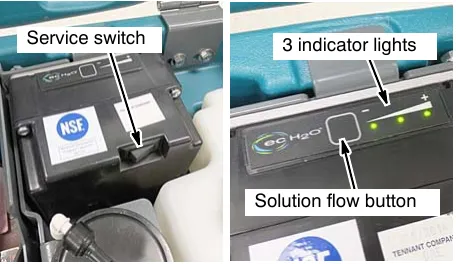 Two photos of the ec-H2O module showing the service switch, the three indicator lights and the solution flow button