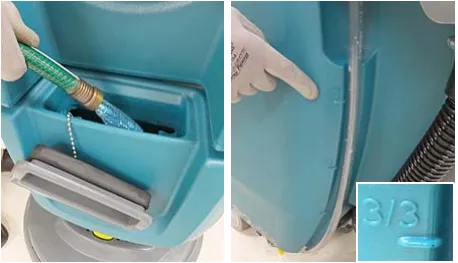 Two photos of filling the solution tank and the 3/3 mark on the solution tank drain hose indicator