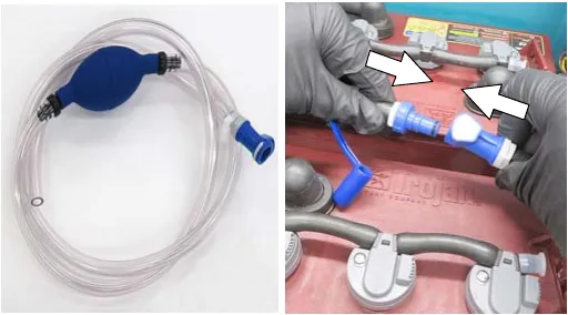 Two photos of the hand pump hose and its connection to the battery fill hose coupler