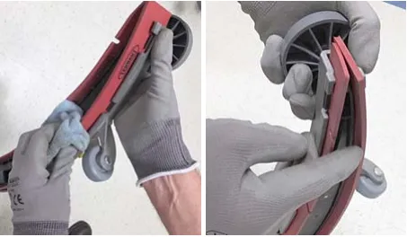 Two photos of wiping and inspecting the squeegee blades