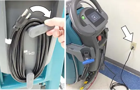 Two photos of the on-board charger cord being taken from the storage hooks and plugged into a wall outlet