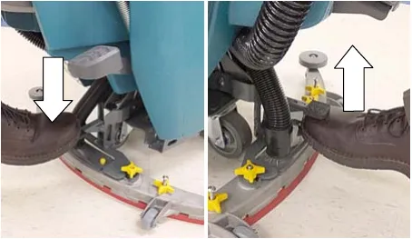 Two photos of a foot lowering and raising the squeegee assembly with the foot pad
