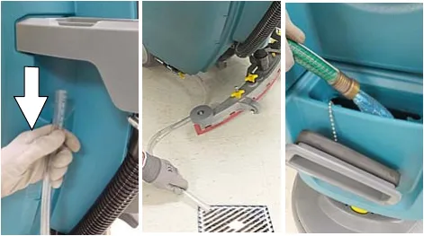 Three photos of pulling the solution hose from the accessory rail and rinsing out the solution tank