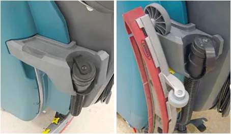 Two photos of the accessory rail holding the drain hose and the squeegee assembly
