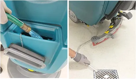 Two photos of rinsing out the solution tank