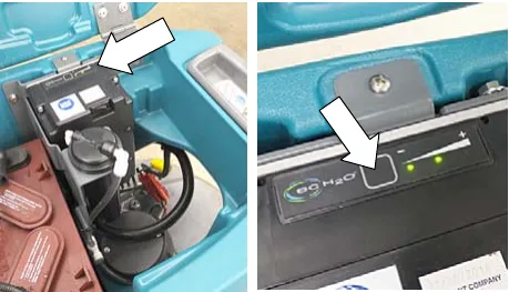 Two photos of the solution flow button and LEDs on the ec-H2O module