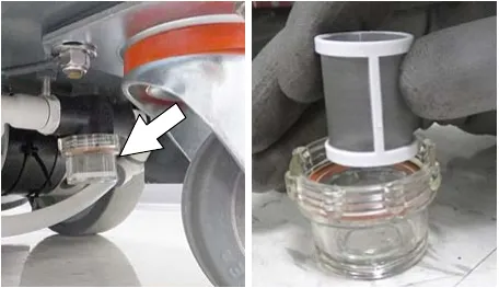 Two photos of the solution tank filter under the rear of the machine