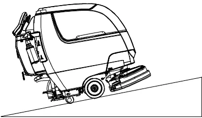 Side drawing of the machine on a loading ramp, with the ramp incline limited to a 21 percent grade