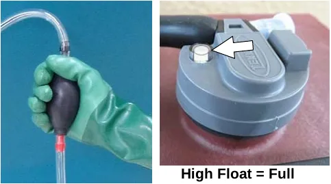 Two photos of squeezing the hand pump bulb and the indicator float rising to show full