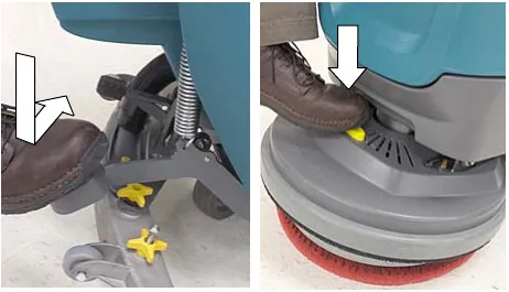 Two photos of a foot pressing the yellow plunger button to release the pad driver
