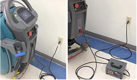 Two photos of charging the batteries with the on-board and off-board chargers