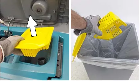 Two photos of the debris tray being removed and emptied into a bin