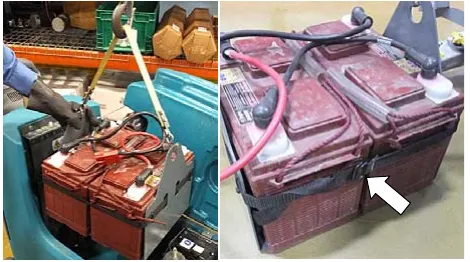 Two photos of the battery pack secured to the lift-out tray with the battery strap