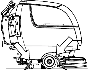 Side drawing of the machine on a truck with arrows pointing to the four tie-down brackets