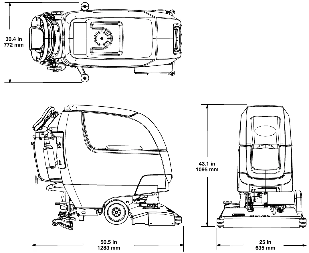 Dimension drawings of the cylindrical brush model: top view width 30.4 in, side view length 50.5 in, height 43.1 in and width 25 in