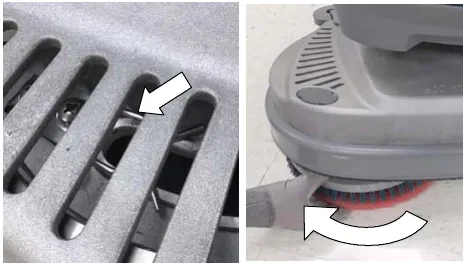 Two photos of the dual disk pad driver being turned toward the spring clip, with the lug slot visible through the scrub head window