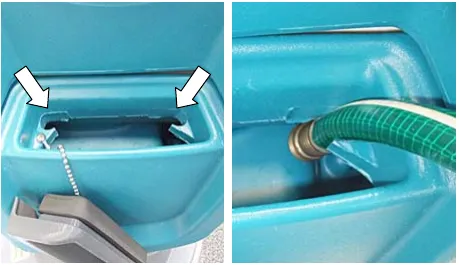 Two photos of the two hose clips in the solution tank fill-port