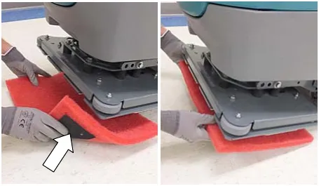 Two photos of the backer pad being installed on the bottom of the orbital scrub head