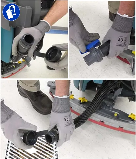 Three photos of draining the recovery tank through a drain hose with cap or flow control valve