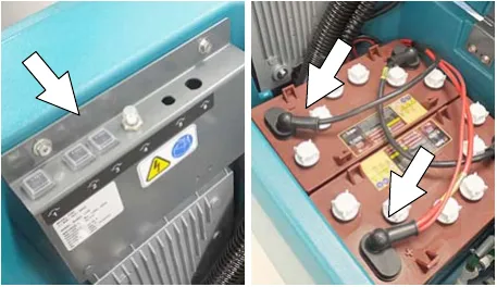 Two photos showing the circuit breaker panel and the battery cable connections near the battery compartment