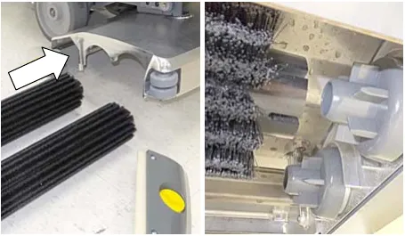 Two photos of the cylindrical brushes being slid into the scrub head and connected to the drive hubs