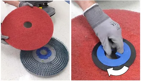 Two photos of a pad being attached to the pad driver and secured with the centerlock