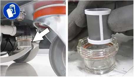 Two photos of the solution tank filter bowl under the machine with an arrow pointing to it
