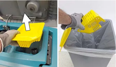 Two photos of removing the debris tray and emptying it into a bin