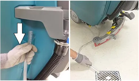 Two photos of the solution hose being pulled from the accessory rail and drained