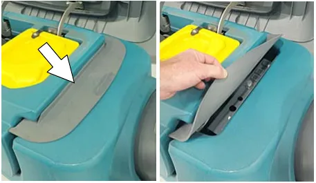 Two photos of lifting the splash guard to reach the circuit breaker panel