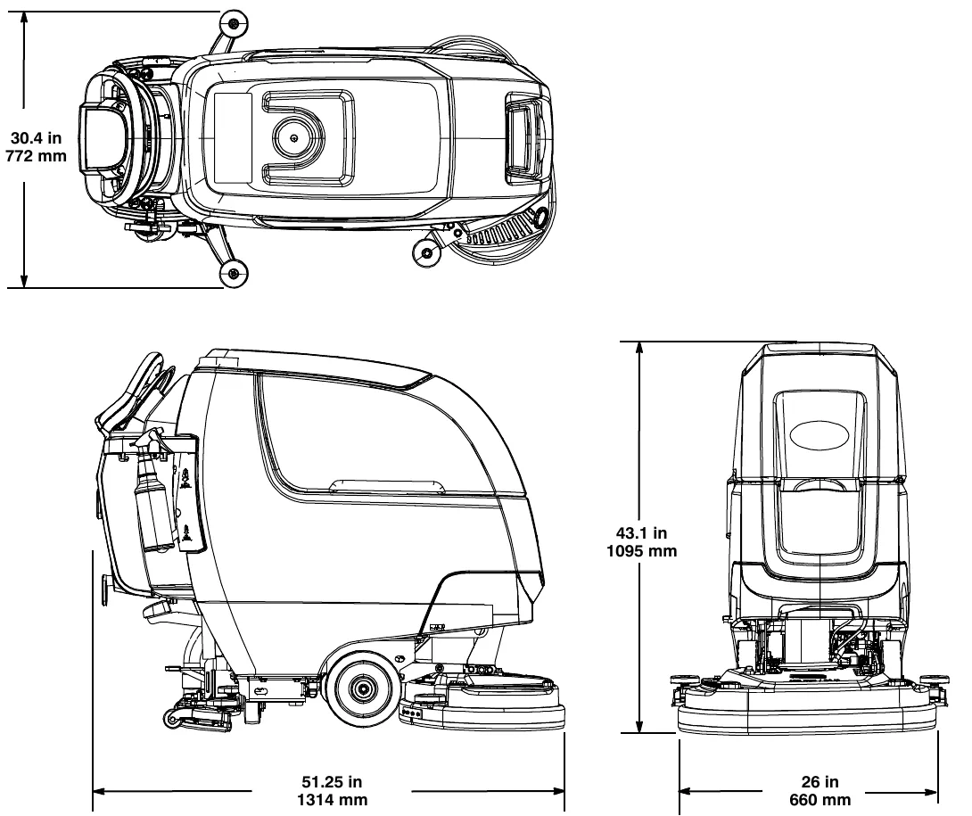 Dimension drawings of the dual disk model: top view width 30.4 in, side view length, height 43.1 in and width 26 in