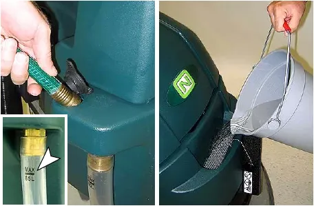 Filling the solution tank with a hose or bucket, and the MAX 85L mark on the level tube