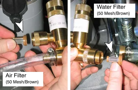 Air filter (50 mesh, brown) and water filter (50 mesh, brown) being replaced in the injector