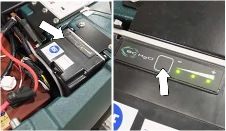 The ec-H2O module under the recovery tank (left) and its solution flow button with three LEDs (right)