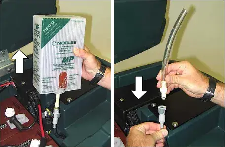 Removing the FaST-PAK carton (left) and connecting the valve coupling and hose to the FaST detergent supply hose (right)