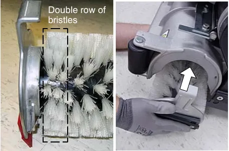 Brush end with the double row of bristles marked, and the idler plate being attached