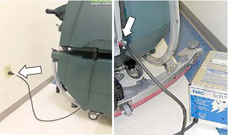 Charger cord plugged into a wall outlet and the charger connected to the machine
