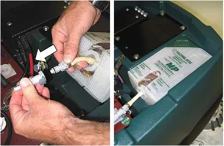 Connecting the FaST-PAK carton to the supply hose and placing the carton in the compartment